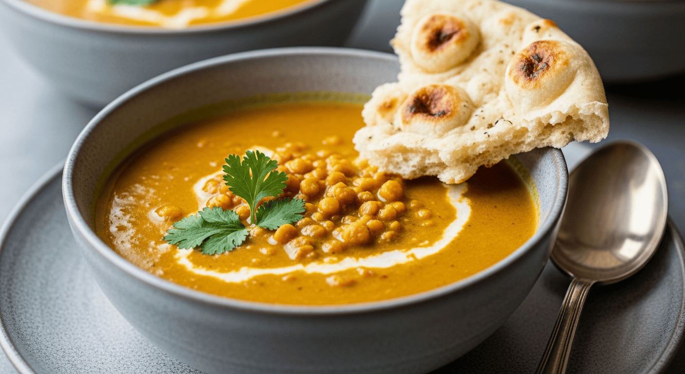 Bowl of golden curry lentil soup with a torn piece of naan resting on the rim