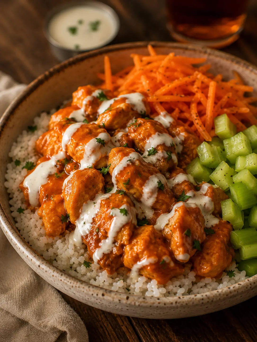 Buffalo sauce chicken over rice with celery, carrot ribbons and a swirl of ranch or blue cheese