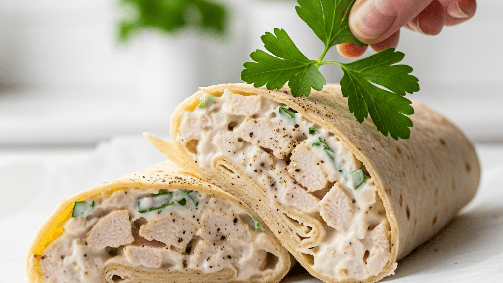 Chicken ranch wrap sliced diagonally, filling visible in cross-section, parchment underneath