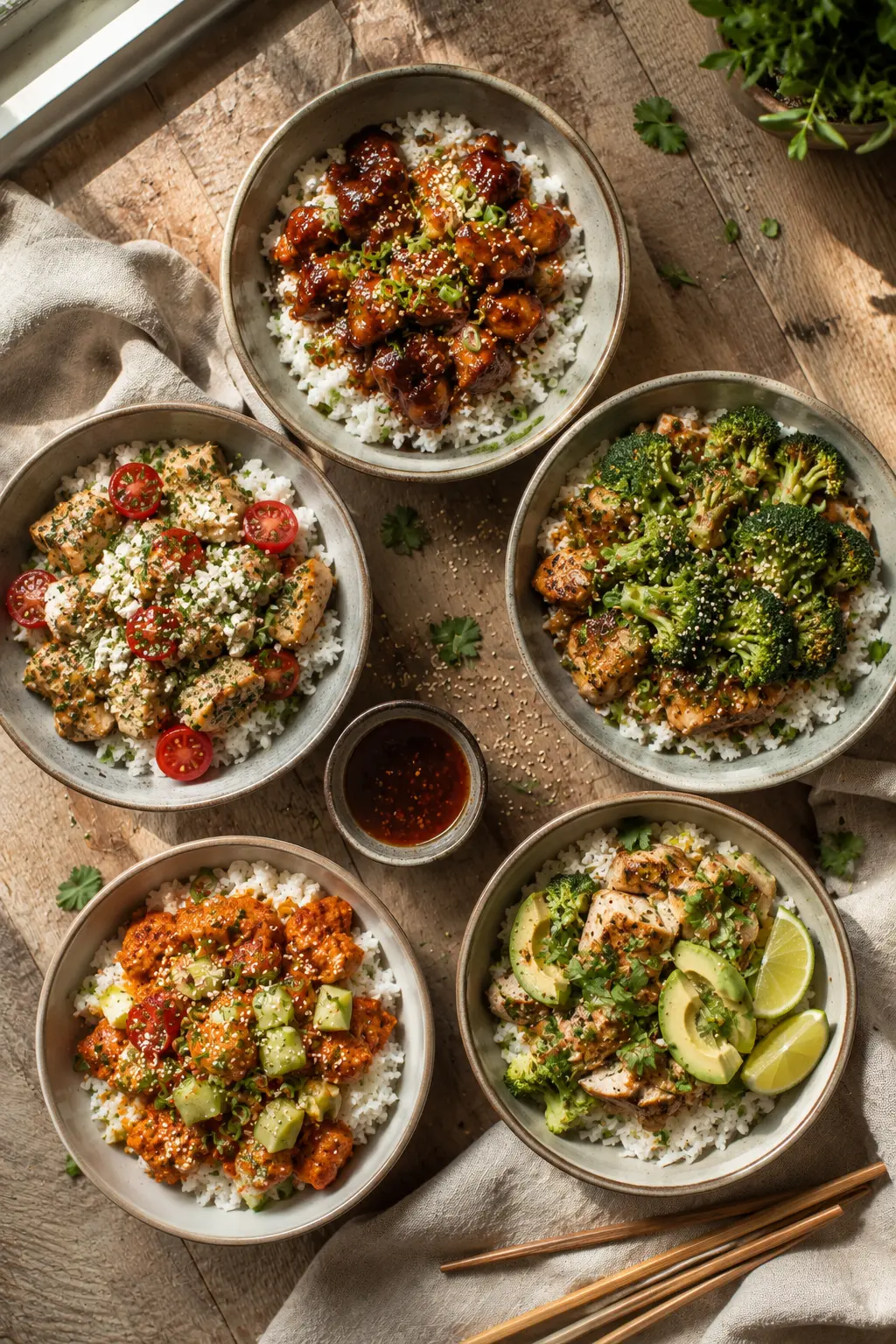 Overhead shot of five colorful chicken rice bowls arranged on a wooden table, each topped differently
