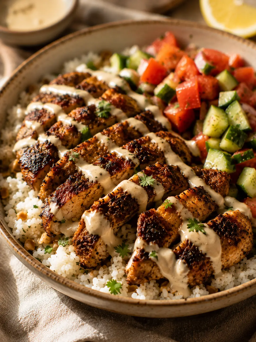 Spice-rubbed shawarma chicken over rice with tomato cucumber salad and tahini drizzle
