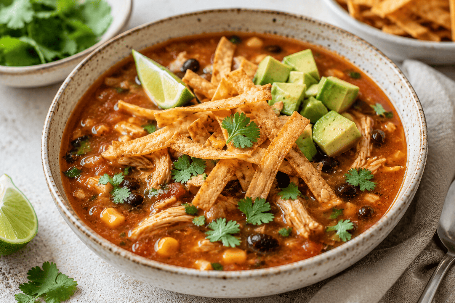 Chicken tortilla soup topped with crispy tortilla strips, avocado, cilantro, and lime wedge, vibrant styling