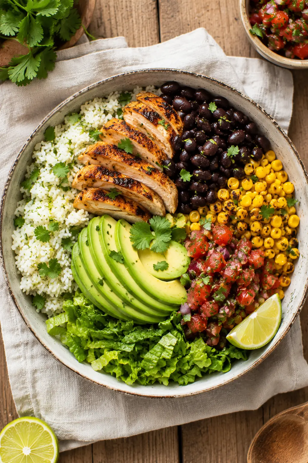 Burrito bowl with cilantro lime rice, seasoned chicken, black beans, corn, avocado and salsa