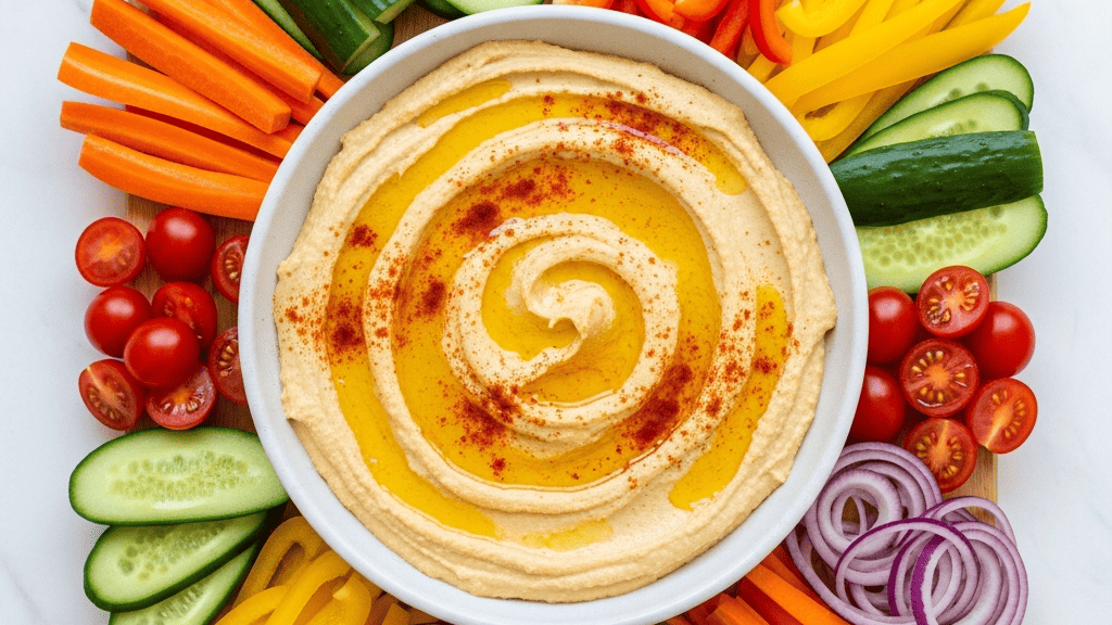 A bowl of hummus swirled with olive oil, surrounded by cucumber spears, radishes, bell pepper strips and cherry tomatoes