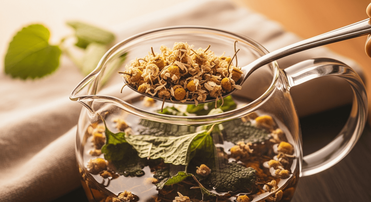 Close-up macro shot of dried chamomile flowers and lemon balm leaves being spooned into a glass teapot