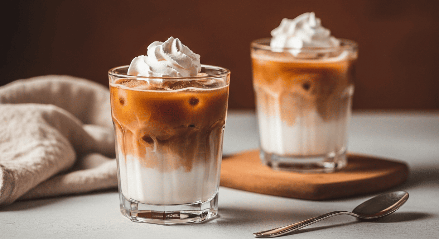 Close-up macro shot of iced coffee and cream mid-merge in a glass, visible marbled swirl where cold cream meets dark coffee, condensation on the glass