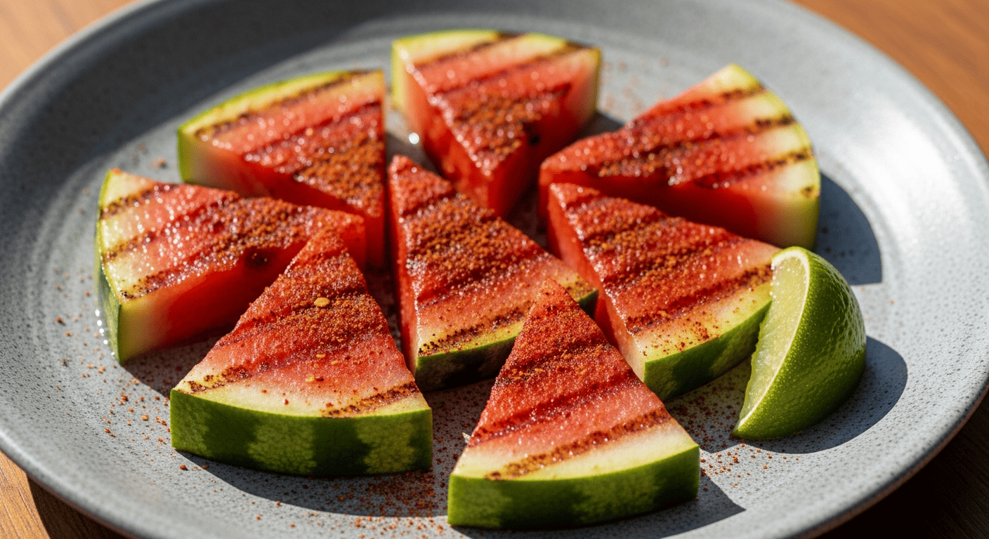 Close-up of a grilled watermelon steak dusted with chili powder, lime wedge beside it