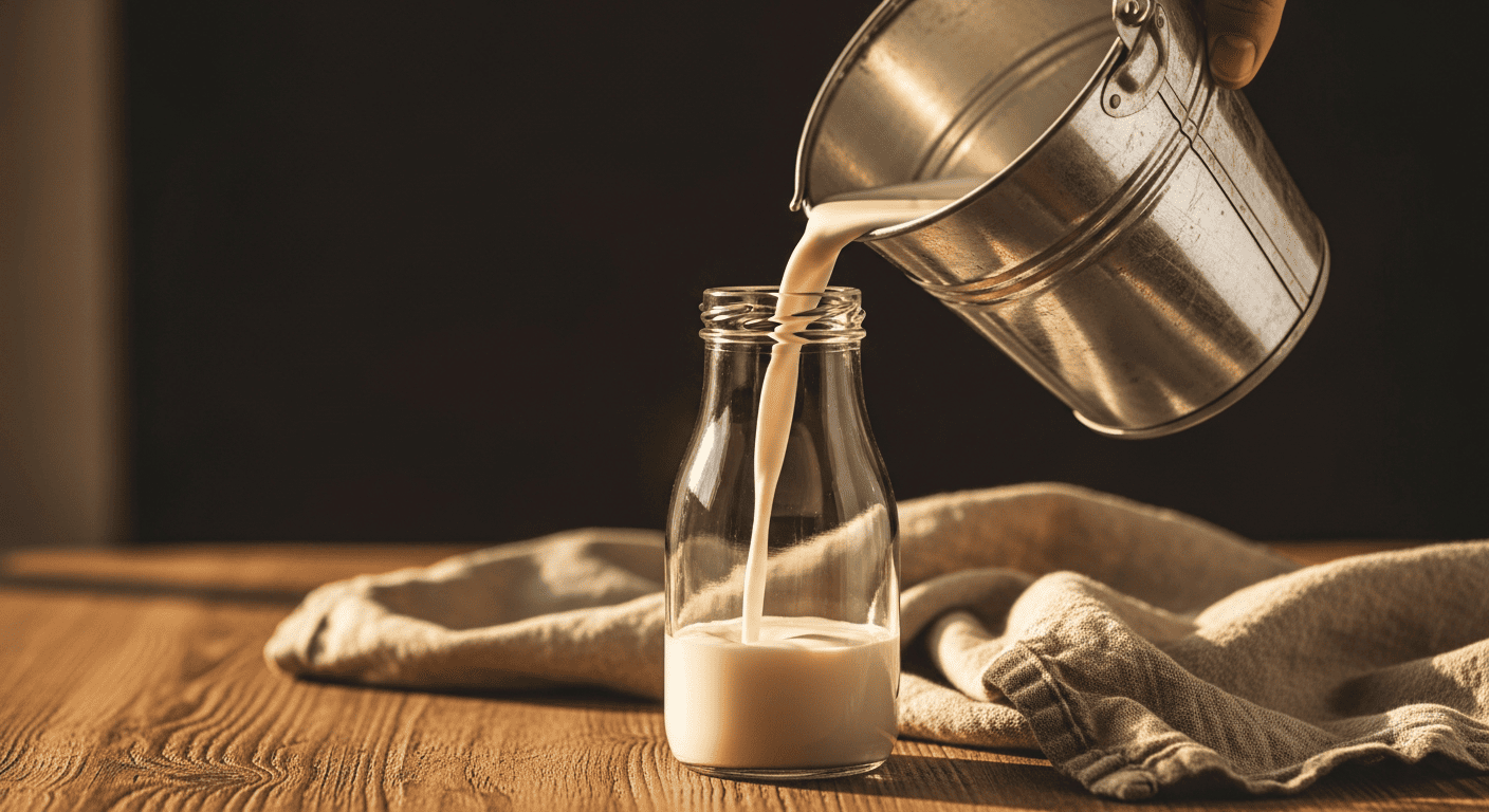 Close-up of milk being poured from a metal pail into a glass bottle on a farm counter, warm natural light, textured wood
