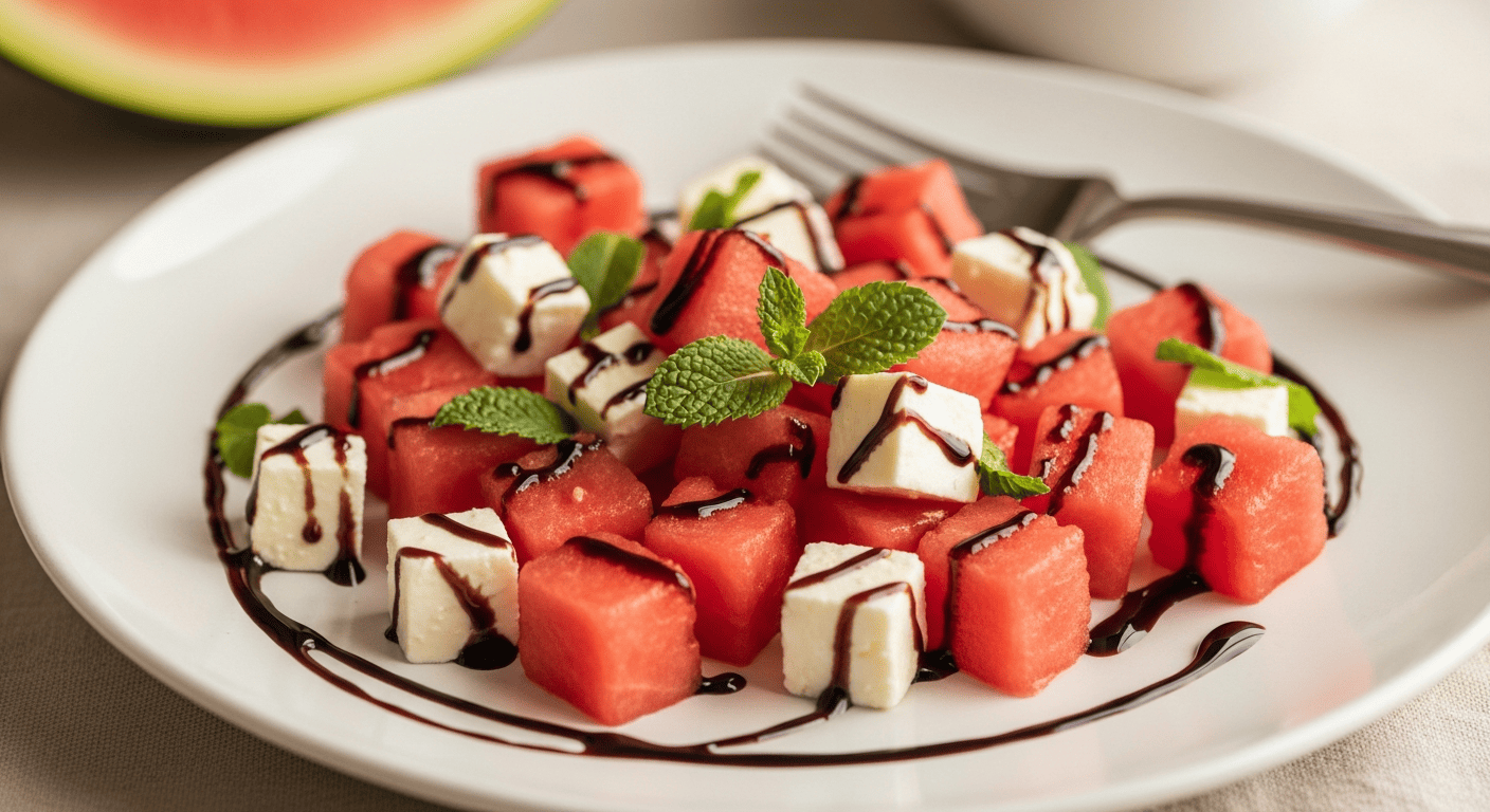 Close-up of watermelon feta salad with balsamic drizzle, mint leaves scattered