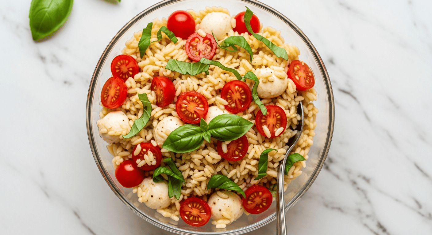 Cold caprese orzo salad in a glass bowl, cherry tomatoes halved, torn basil scattered on top