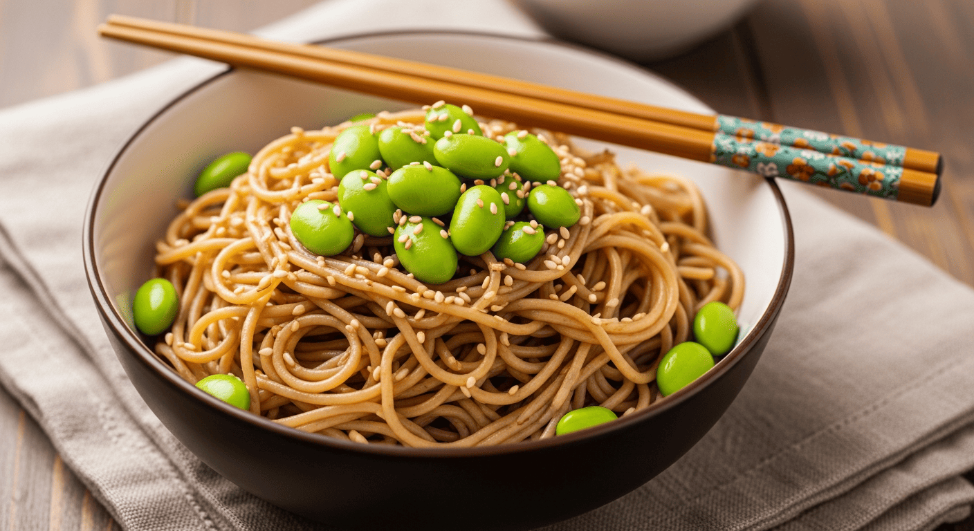 Cold soba noodle bowl with bright green edamame and sesame seeds, chopsticks resting on top