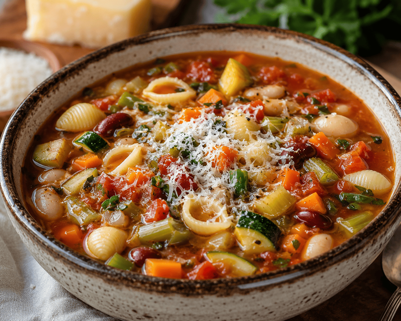 Colorful minestrone soup loaded with vegetables and pasta shells, rustic bowl, grated parmesan on top