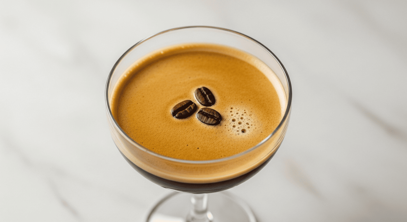 Coupe glass, dark espresso liquid, three coffee beans floating on thick foam