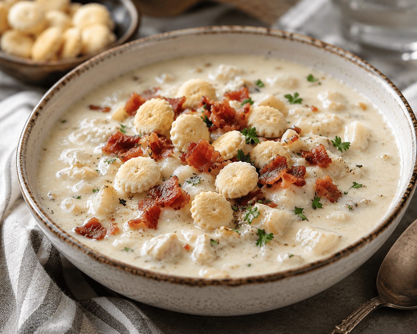 Creamy New England clam chowder with oyster crackers and crispy bacon bits on top, cozy coastal styling