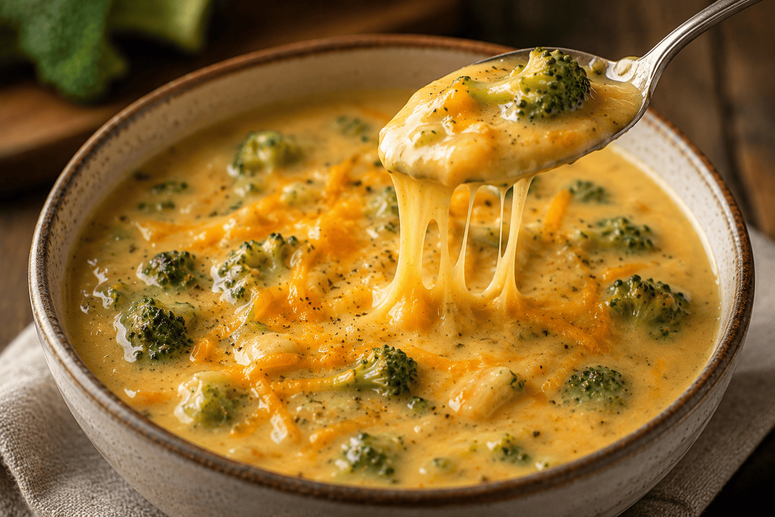 Creamy broccoli cheddar soup in a bread bowl, melted cheese pull, cozy café aesthetic