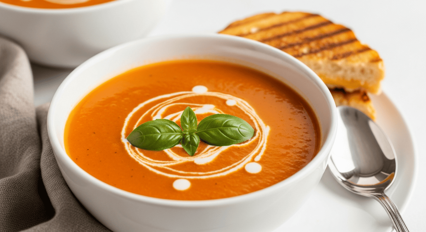 Creamy orange-red tomato soup in a white bowl, swirl of cream on top, basil leaf garnish, grilled cheese on the side