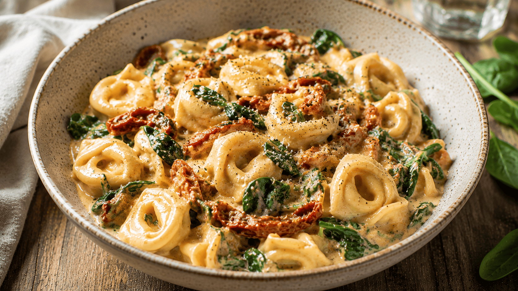 Creamy sun-dried tomato tortellini in a shallow bowl, wilted spinach visible, moody side light