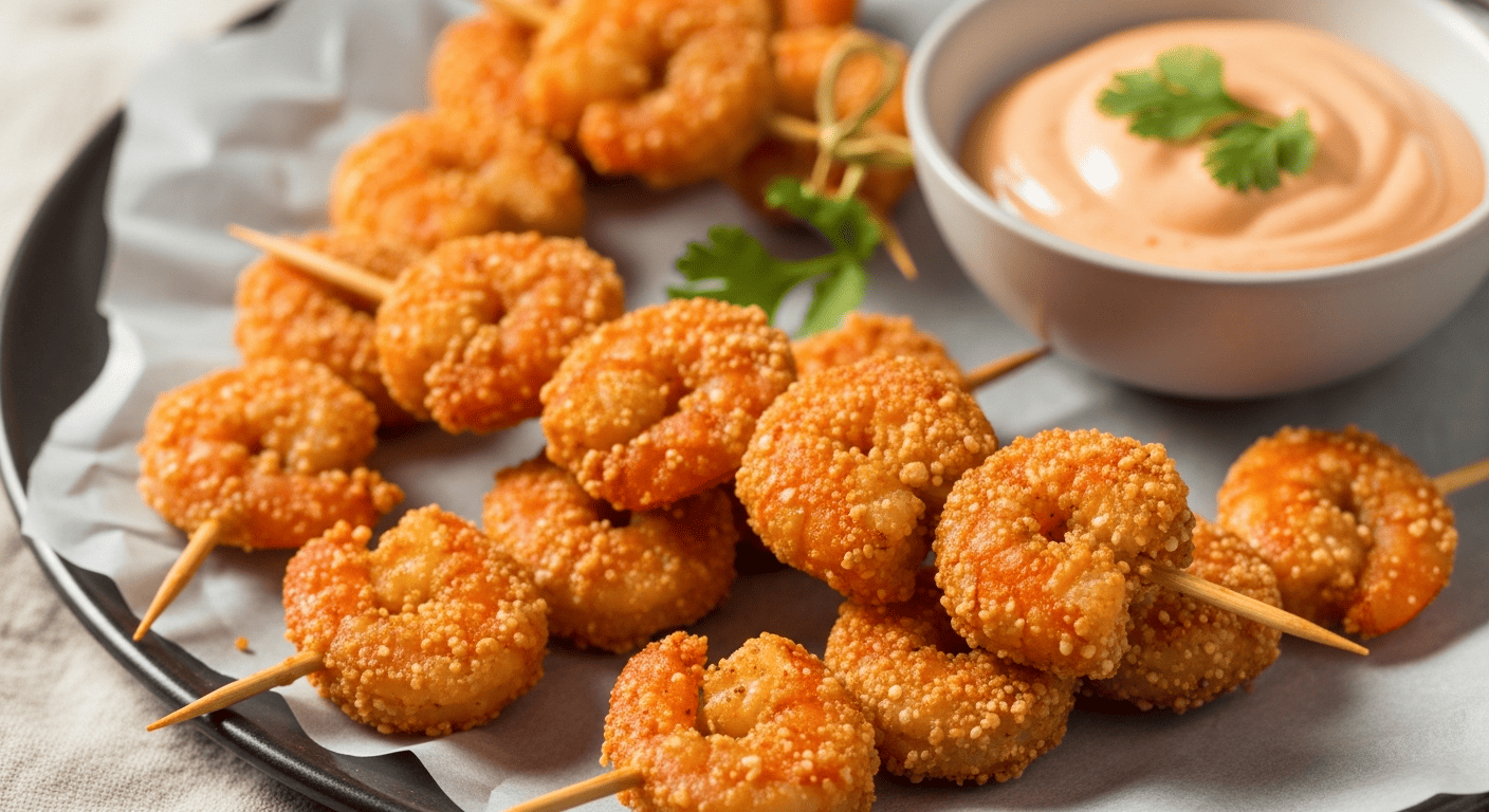 Crispy popcorn shrimp skewers with a small bowl of spicy aioli for dipping