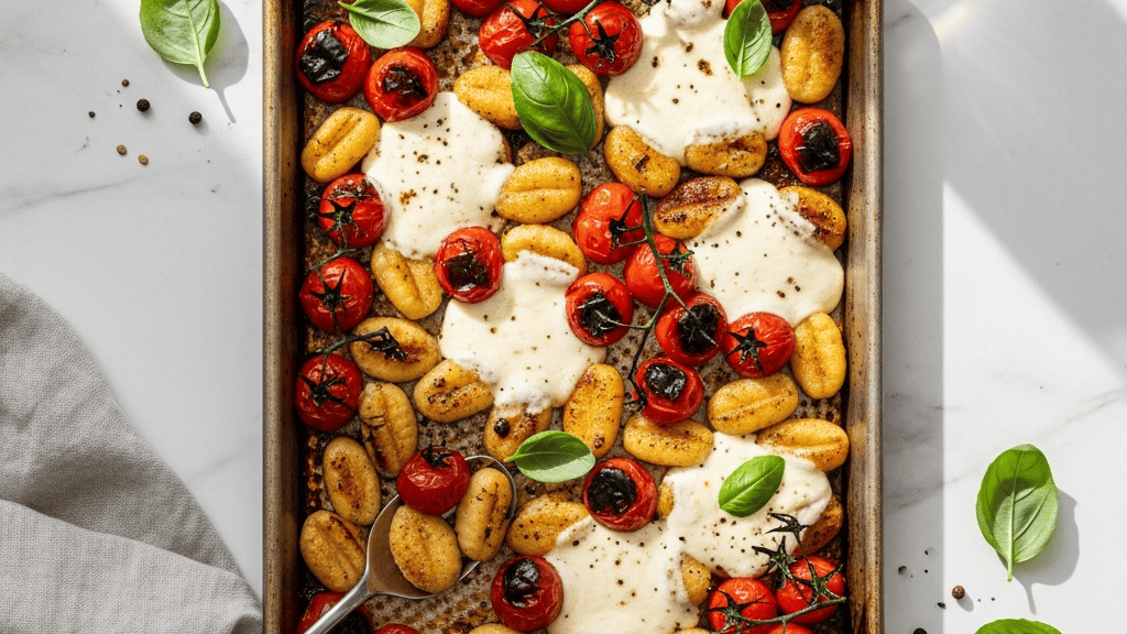 Crispy roasted gnocchi with blistered cherry tomatoes, melted mozzarella and fresh basil on a sheet pan