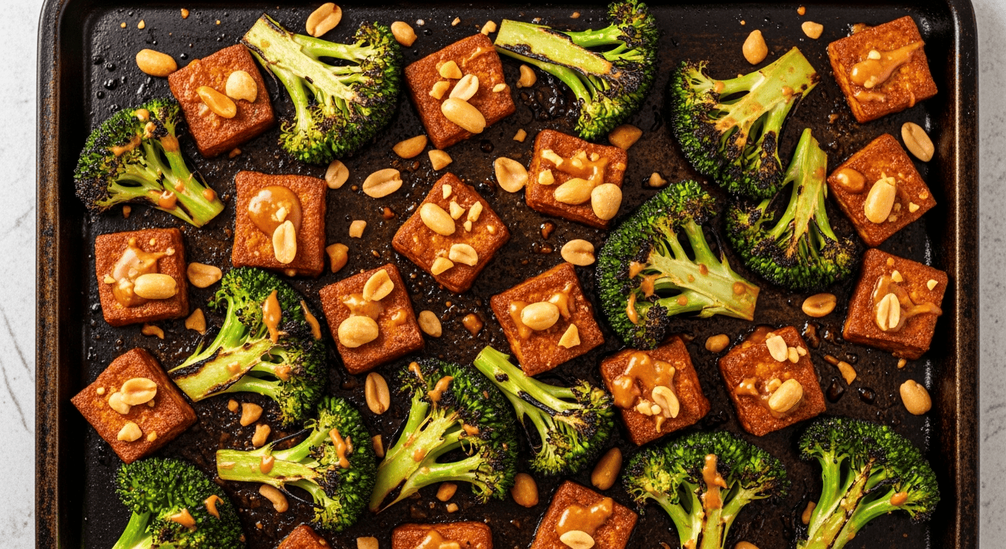 Crispy roasted tofu cubes and charred broccoli florets glossy with peanut sauce, crushed peanuts on top
