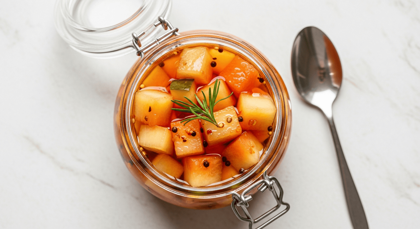 Cubed pickled watermelon rind in a glass jar with brine and spices, spoon resting beside it
