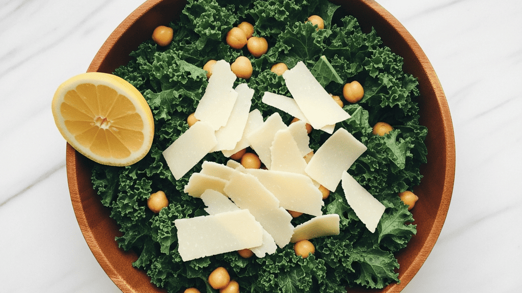 Dark green massaged kale salad with chickpeas and shaved parmesan, wooden bowl, lemon wedge beside it