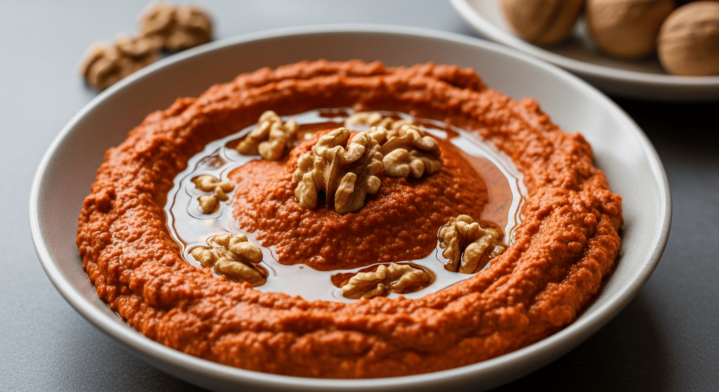 Deep red orange muhammara dip in a shallow bowl, topped with walnuts and olive oil