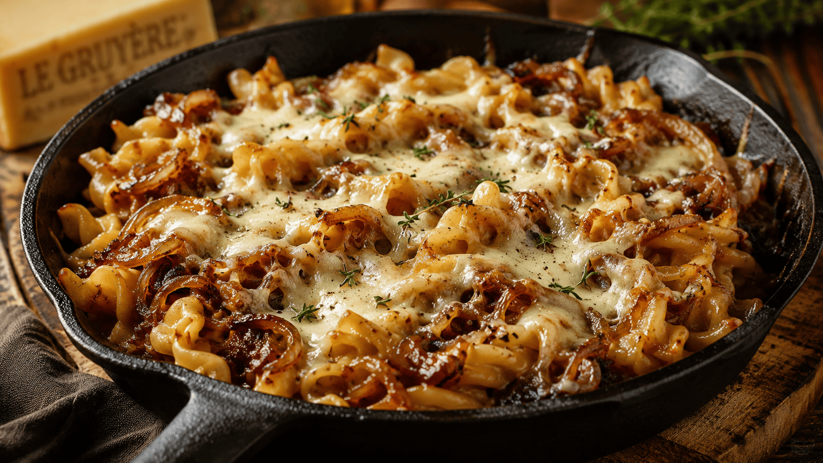Deeply caramelized onions coating pasta in a cast iron skillet, gruyère melting on top