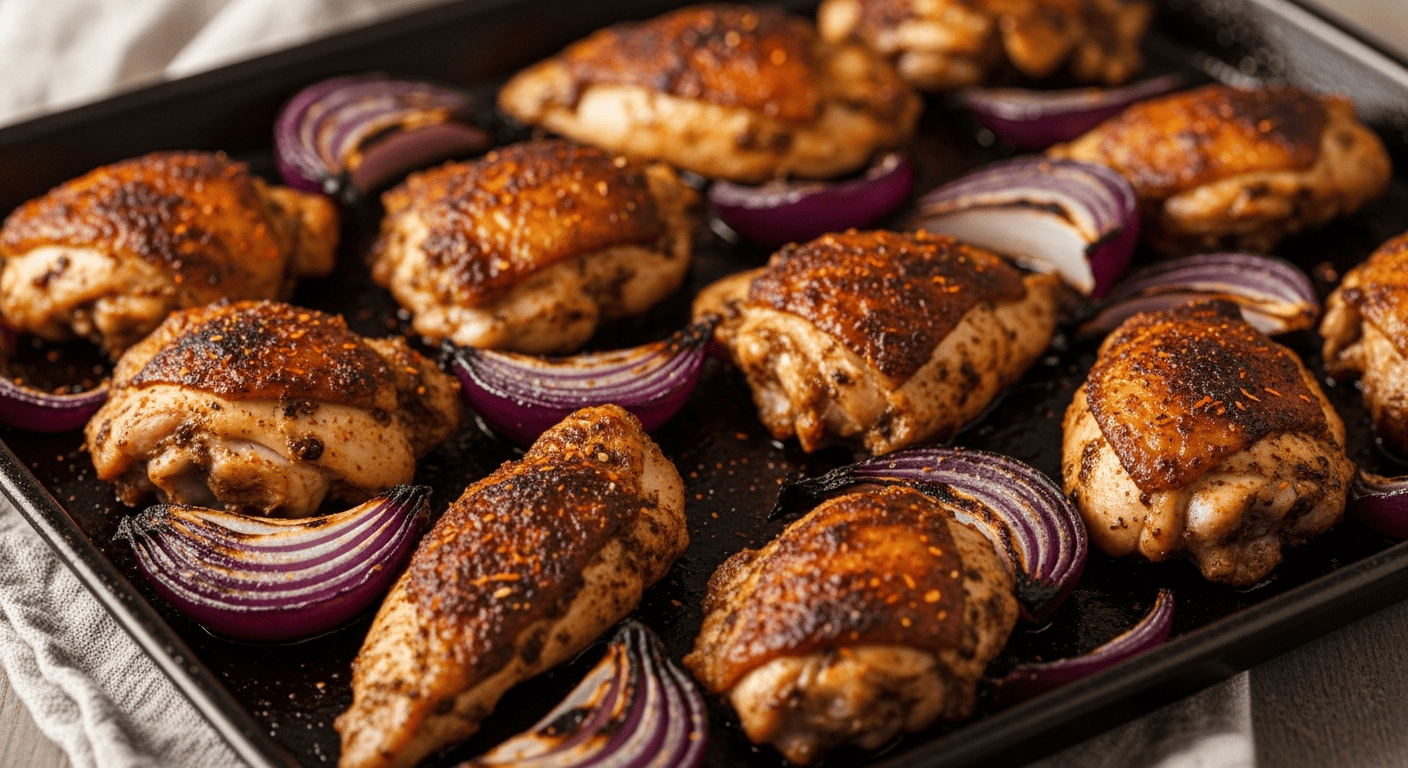 Deeply spiced roasted chicken thigh strips with charred red onion, warm spice colors visible