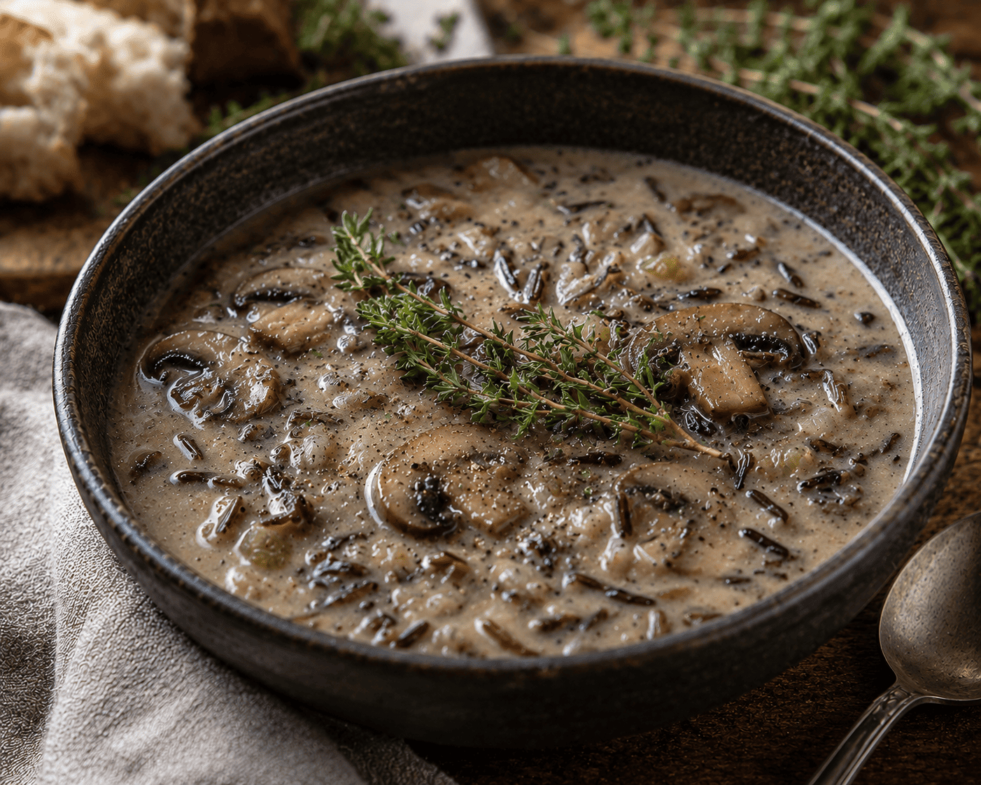 Earthy wild rice and mushroom soup in a dark stoneware bowl, fresh thyme sprig garnish, muted forest tones