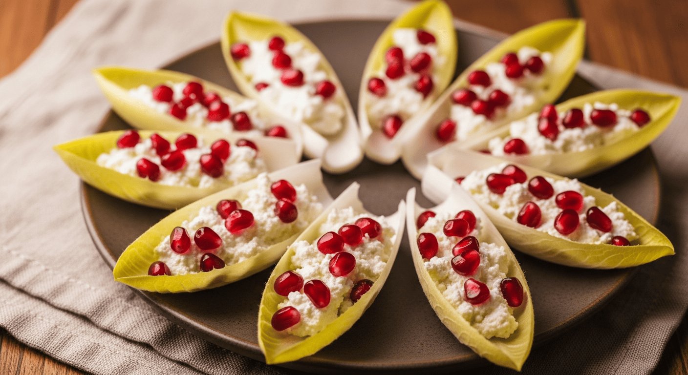 Endive leaves filled with whipped goat cheese and pomegranate seeds, arranged in a fan
