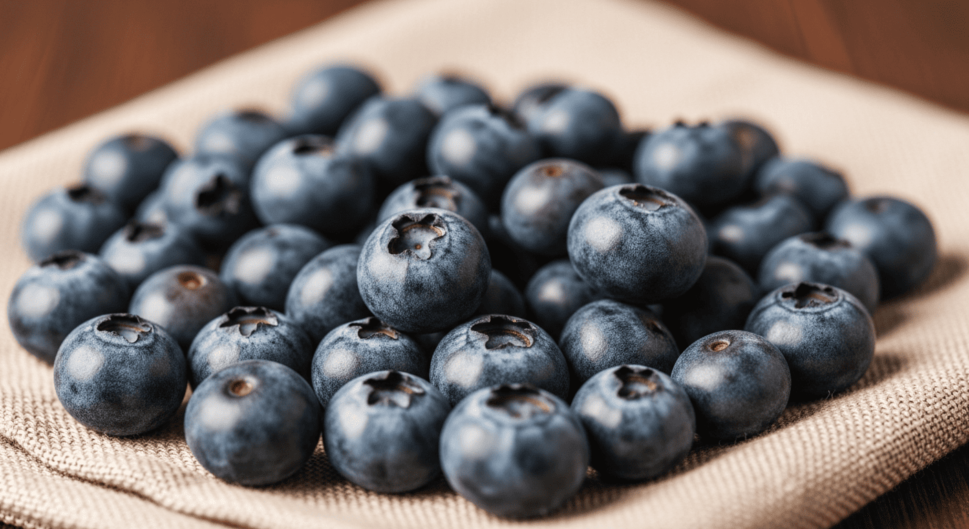 Close-up of fresh blueberries spilling from a wooden bowl onto a dark countertop