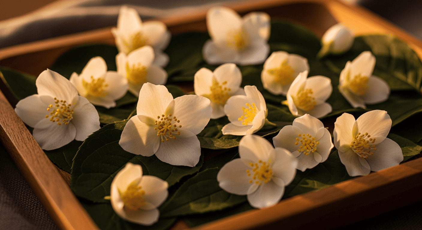 Fresh white jasmine blossoms layered over green tea leaves in a shallow wooden tray, warm evening light