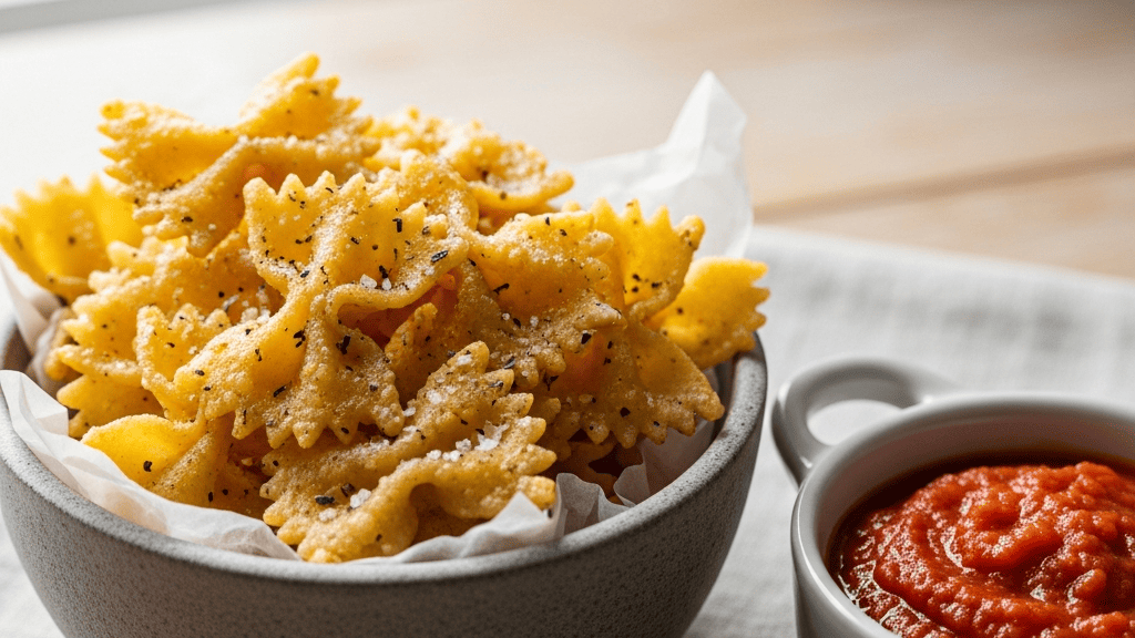 Golden, crispy bowtie pasta chips in a bowl with marinara dip