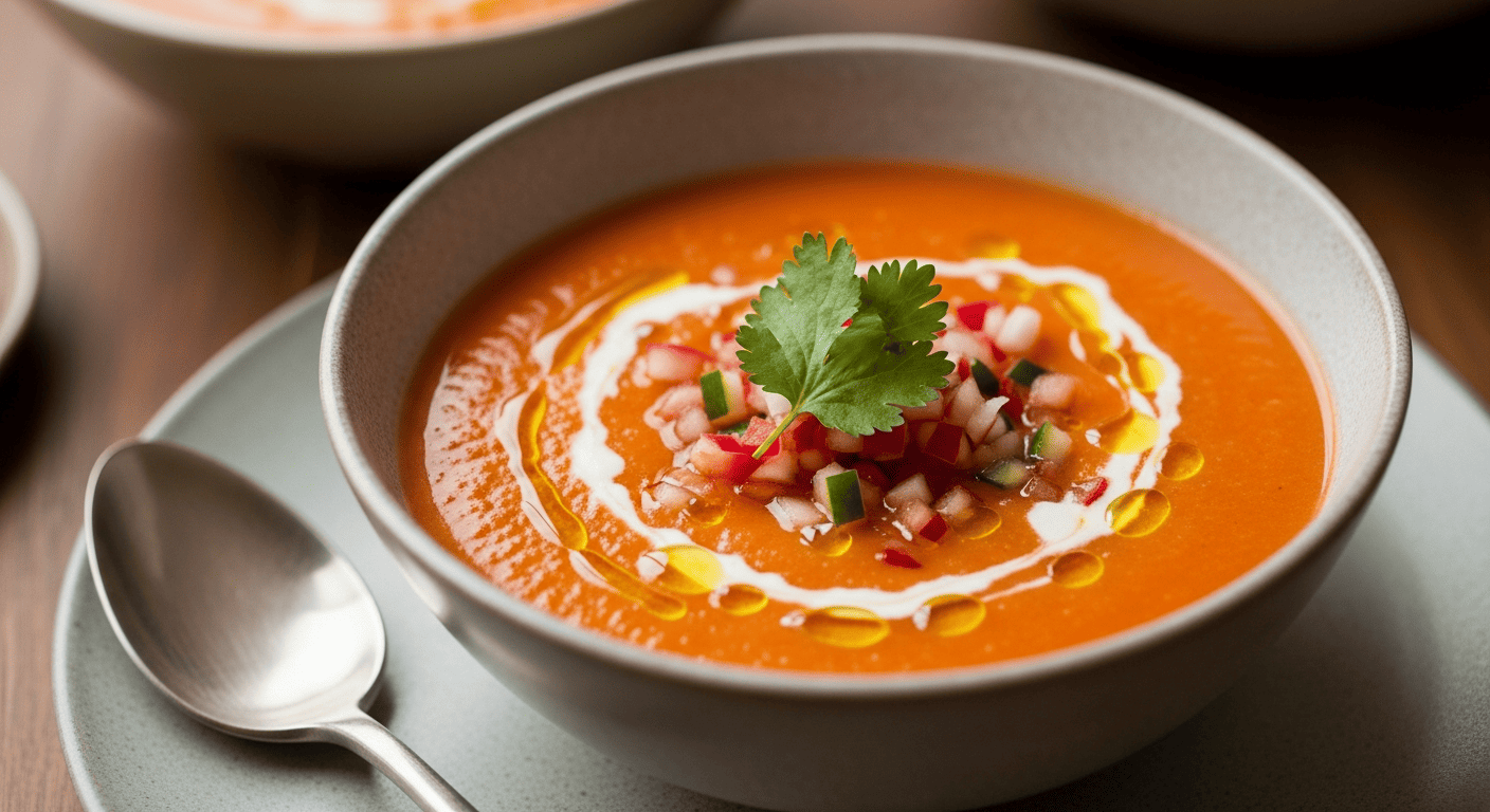 A glass of deep red gazpacho with condensation on the glass, sliced tomato and olive oil swirl on top