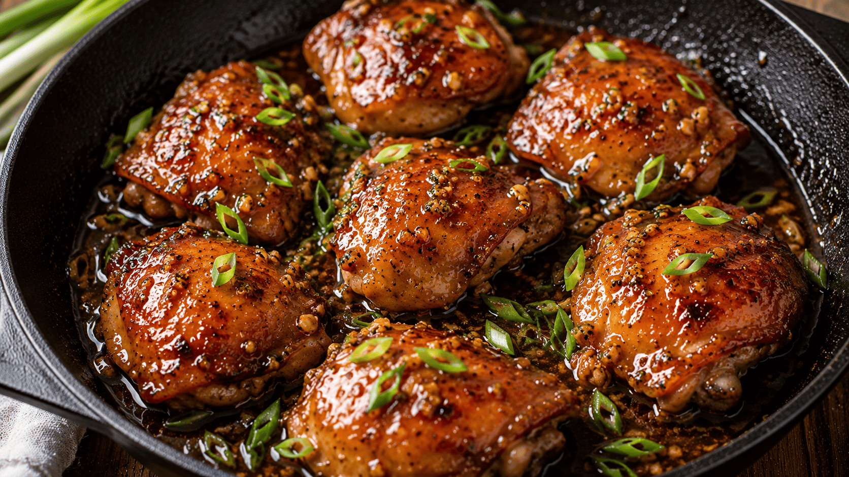 Glossy honey garlic glazed chicken thighs in a skillet, scattered green onion