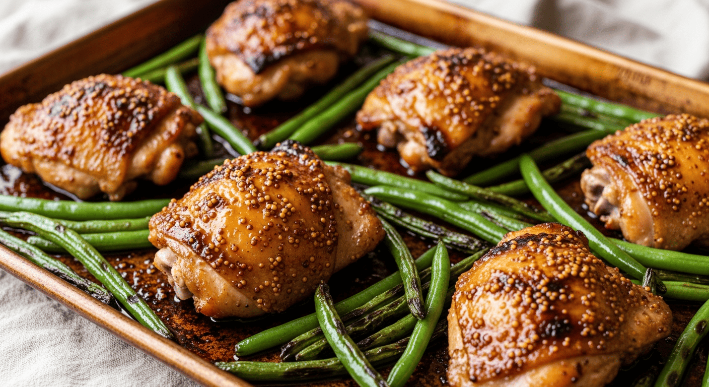 Glossy honey mustard glazed chicken thighs with charred green beans, close-up sheet pan shot
