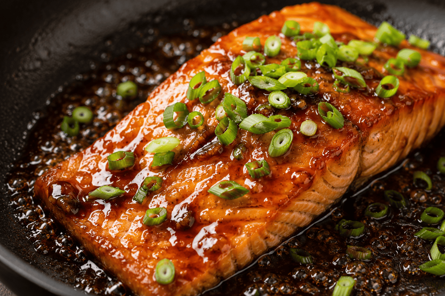 Glossy honey soy glazed salmon fillet in a skillet, scallion scattered on top, close-up