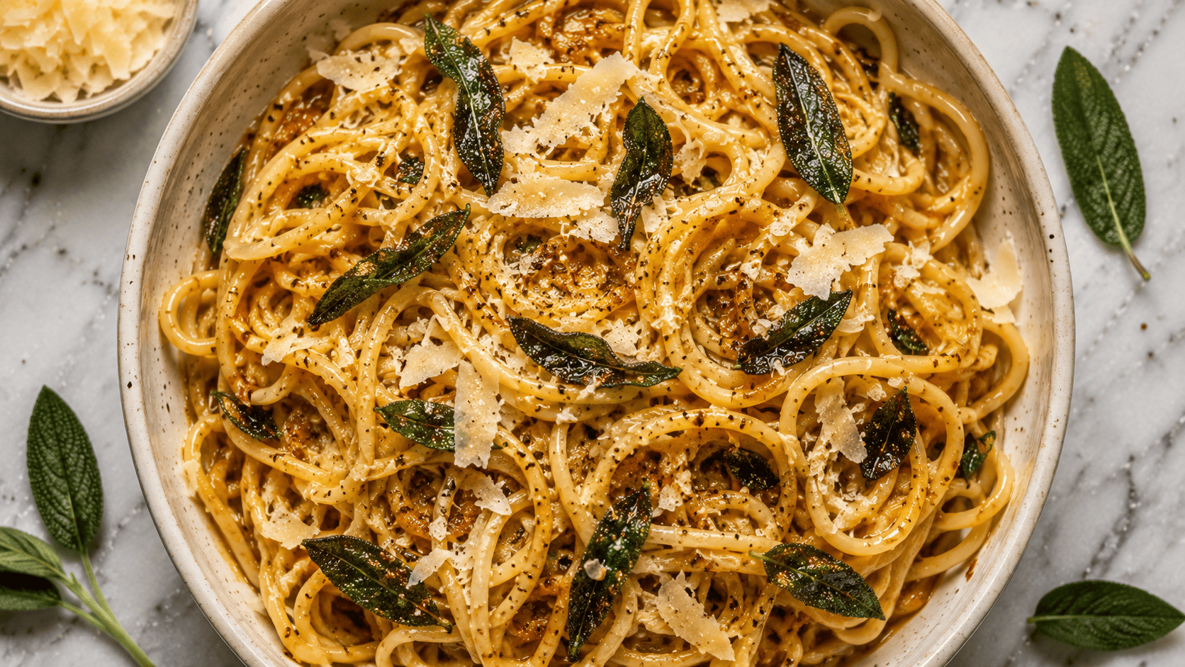 Glossy noodles tossed in nutty brown butter with shaved parmesan and crispy sage