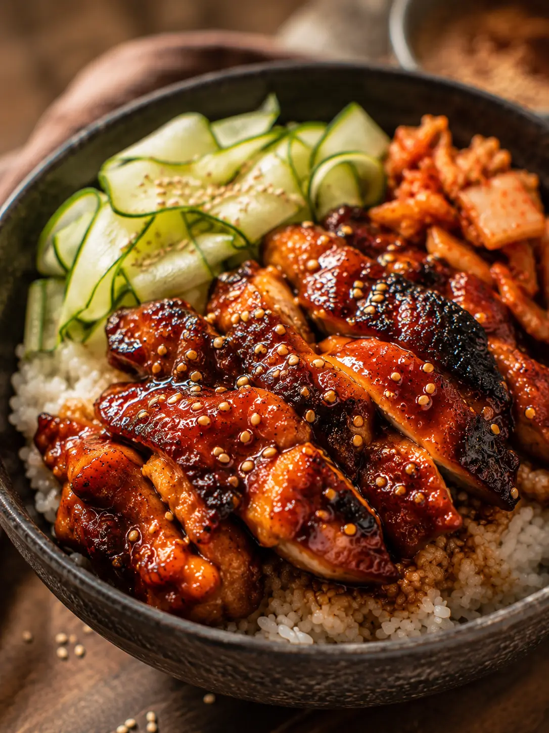 Deep red-orange gochujang glazed chicken over rice with cucumber ribbons and sesame seeds