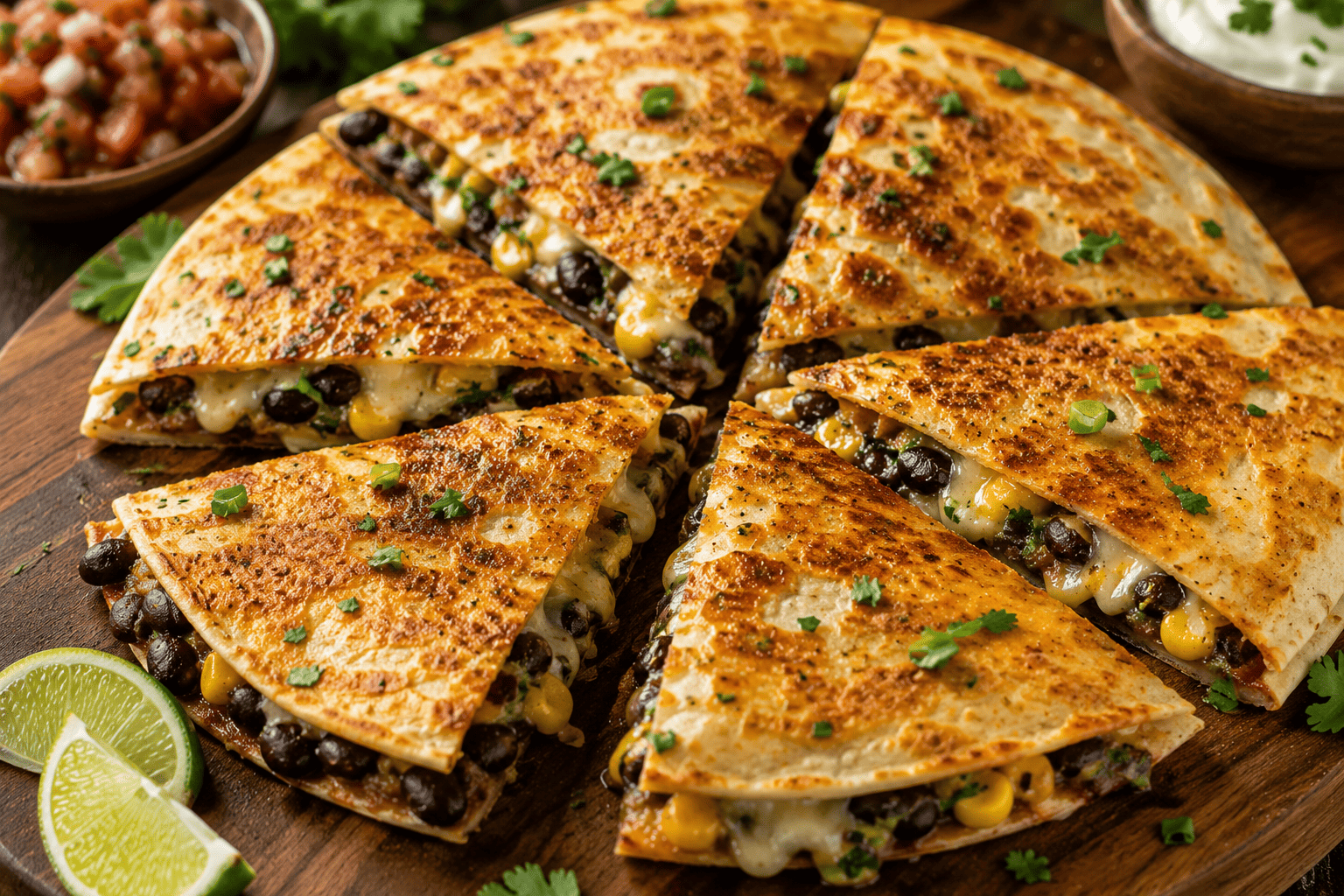 Golden crisped black bean and corn quesadilla, cut into wedges, melted cheese visible