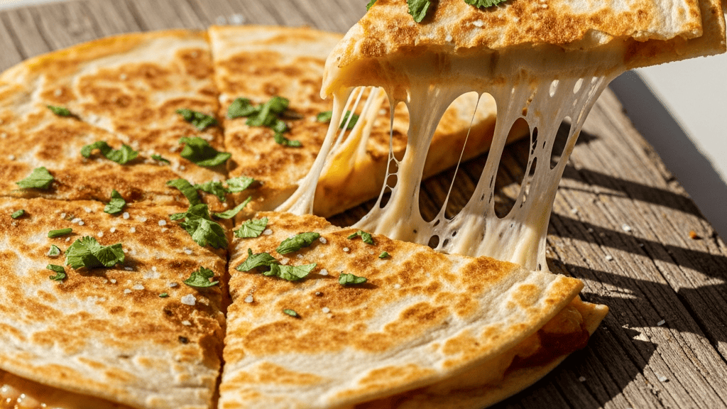 Golden crispy quesadilla cut into triangles, cheese pull visible, cutting board