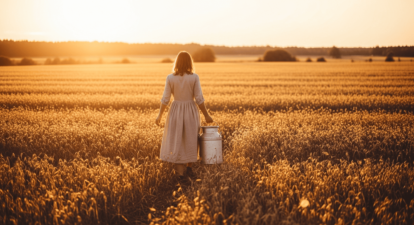 Golden-hour homestead aesthetic, a woman in a linen dress carrying a milk pail across a field, warm nostalgic film-photo tone