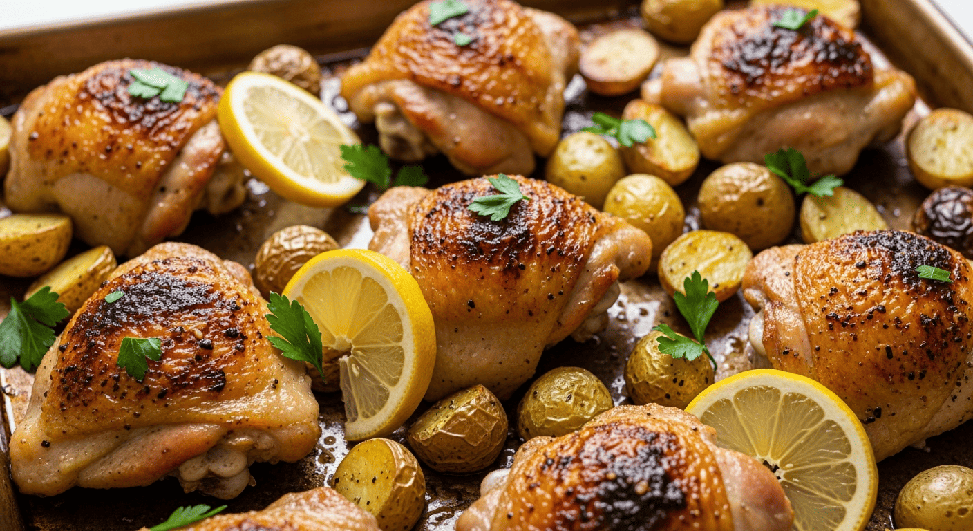 Golden roasted chicken thighs and crispy baby potatoes on a sheet pan
