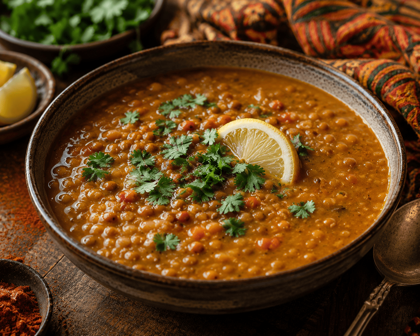 Golden smoky lentil soup with a lemon wedge and cilantro garnish, warm spice-market color palette