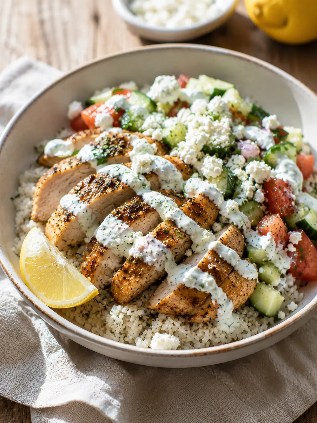 Lemon oregano chicken over rice with cucumber tomato salad, feta and tzatziki drizzle