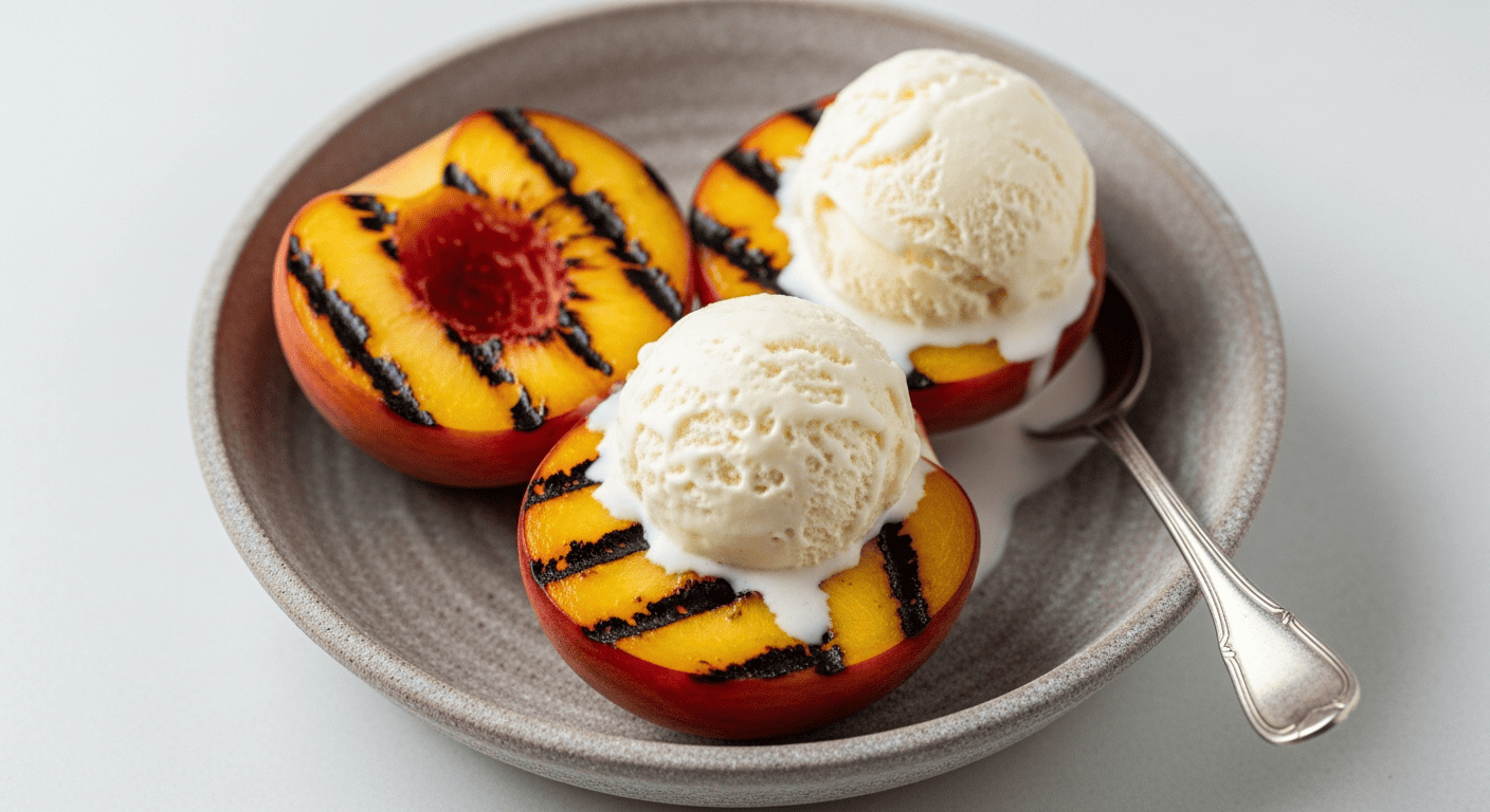Grilled peach halves with char marks, topped with a scoop of ice cream