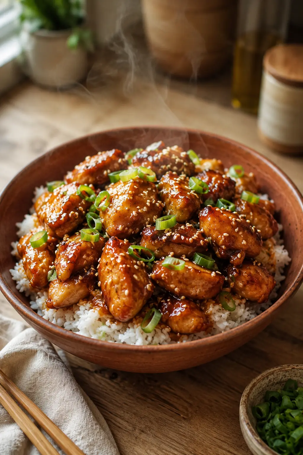 Glazed honey garlic chicken bites over rice in a bowl, sesame seeds and green onion on top