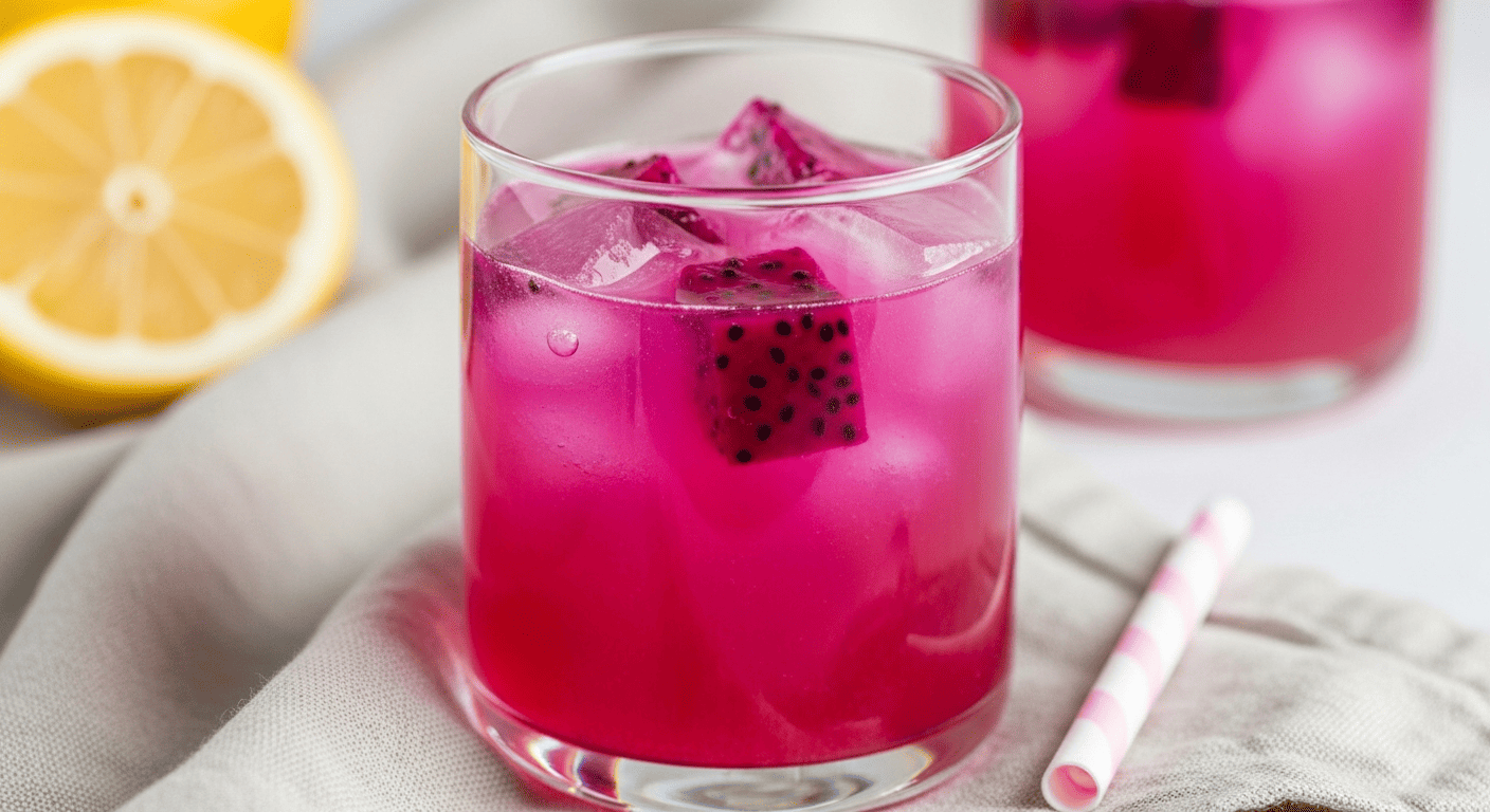 Hot pink lemonade with visible dragon fruit puree suspended mid-glass, black speckled seeds
