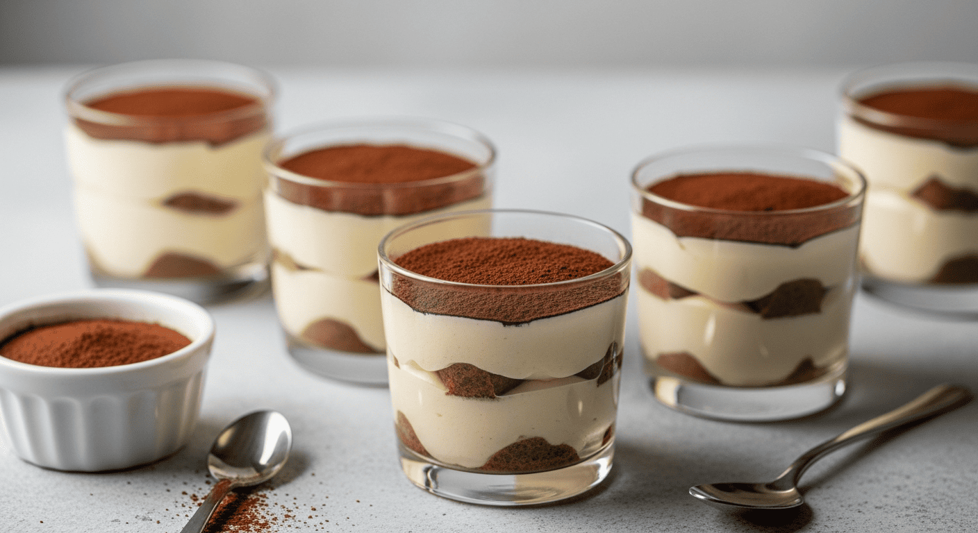 Individual tiramisu servings in small glass cups, cocoa-dusted top